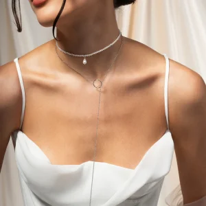 WHITESIDE - Dolga ogrlica na Y s krogom in perlo - srebrna