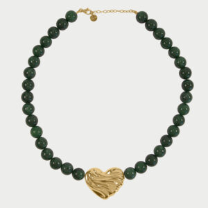 BOLD HEART ogrlica z zelenimi žadi in srčkom - rumena
