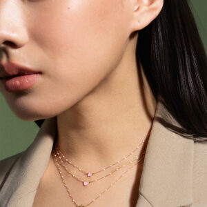 GOLDEN MATE ogrlica z roza bunkicami in srčkom - 18kt zlato