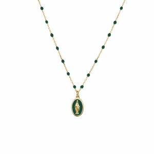 GOLDEN MATE ogrlica z zelenimi bunkicami in obeskom Madonna - 18kt zlato
