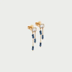 IRIS - Viseči uhani z modrimi kamni in cirkonom Emerald cut - rumeni
