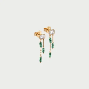 IRIS - Viseči uhani z zelenimi kamni in cirkonom Emerald cut - rumena