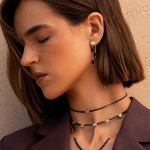 IRIS - Viseči uhani s črnimi kamni in cirkonom Emerald cut - rumeni